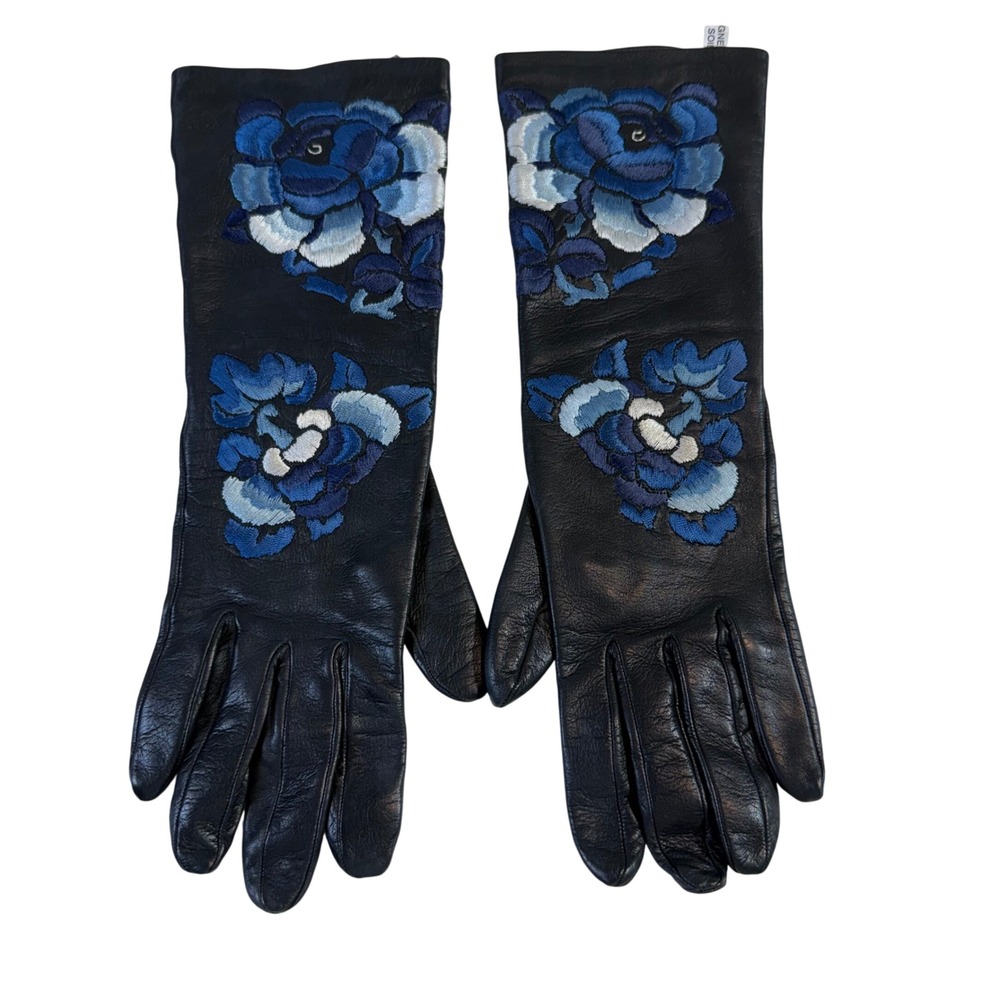John Galliano Leather Gloves Black Blue Embroidered Floral Butterfly Vintage